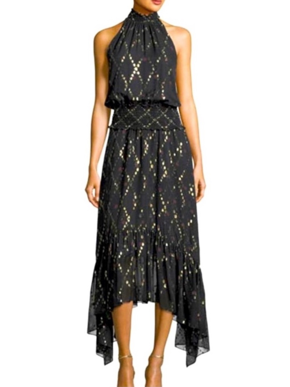 A.L.C. Black Silk Halter Maxi Gold Dot Pattern Sz 0 / S Boho Party Luxurious